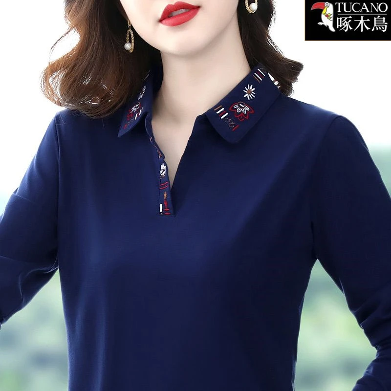 啄木鸟女士减龄刺绣翻领长袖T恤2025年新款秋季百搭复古纯色上衣
