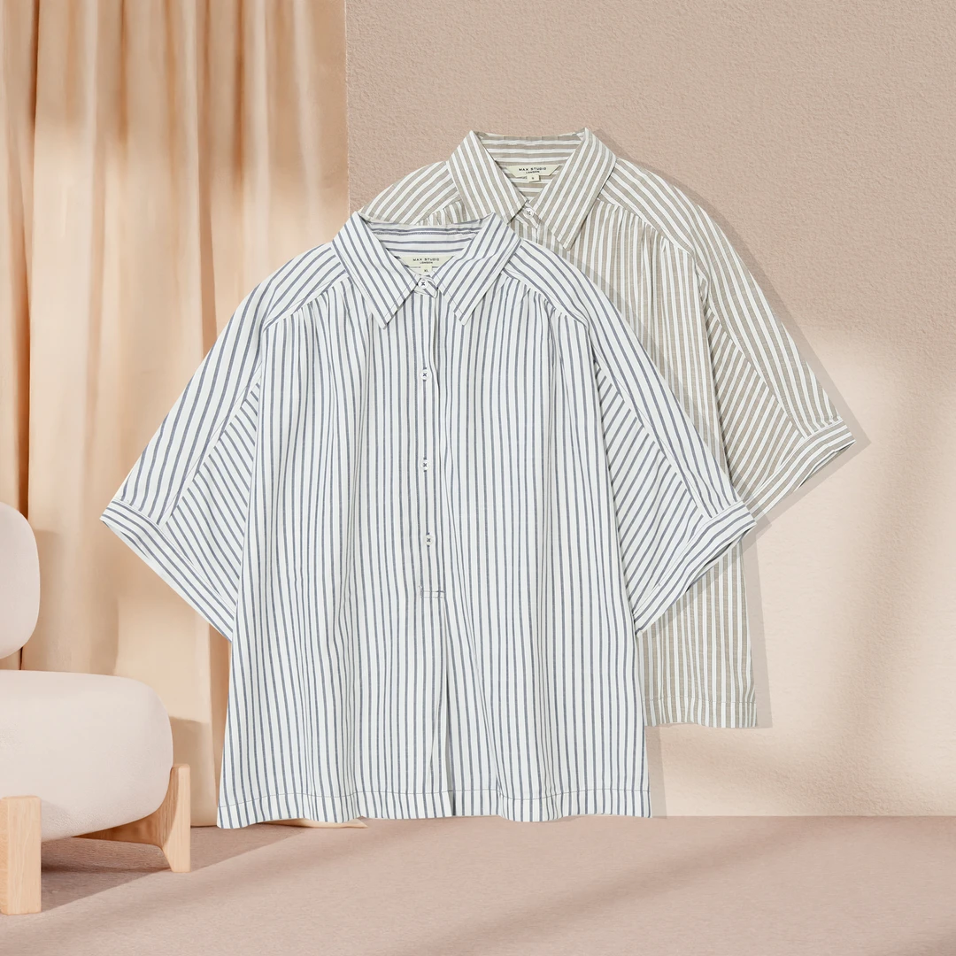 【特价】女士半开扣翻领款衬衣T恤潮流休闲宽松百搭复古风条纹H645