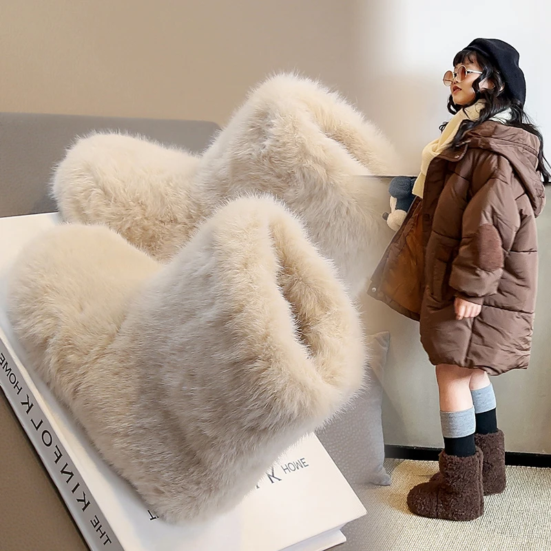 女童加厚仿兔毛毛绒靴冬季新款儿童保暖雪地靴韩版宝宝纯色大棉靴