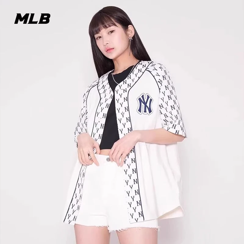MLB短袖男女夏季老花拼接棒球服外套运动休闲情侣T恤衫专柜正品