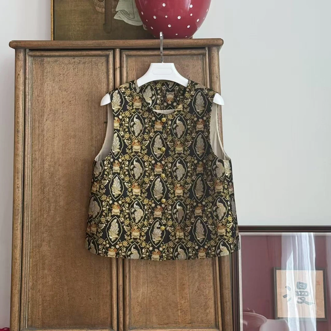 MYL2025春夏新品桑蚕丝刺绣马夹陆美英孔雀聚宝铜钿纹锦马甲