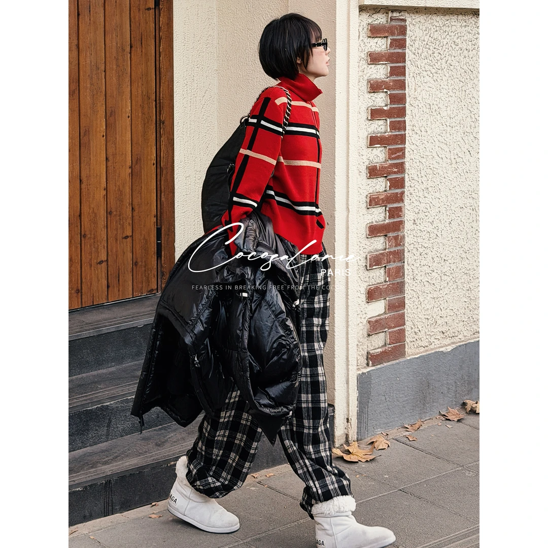 韩彬彬"反转巴黎"100%绵羊毛撞色厚款高领格纹毛衣9508-8