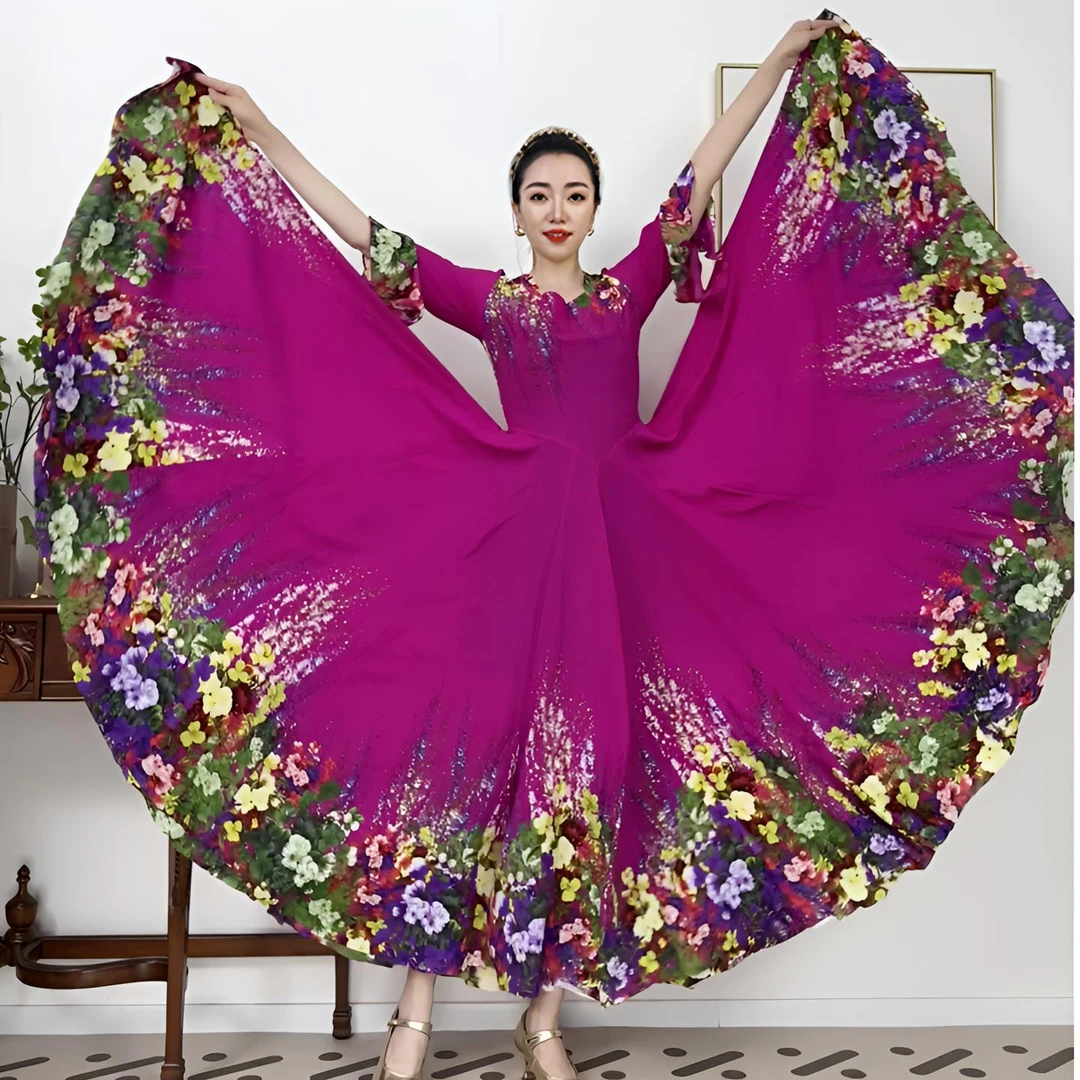 花香满园七分蝴蝶袖款莱赛尔连衣裙/无衬裙/720大摆