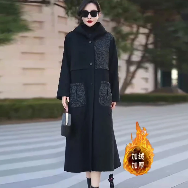 加绒加厚连帽过膝长款大衣外套女2025秋冬新款中年妈妈大气显瘦
