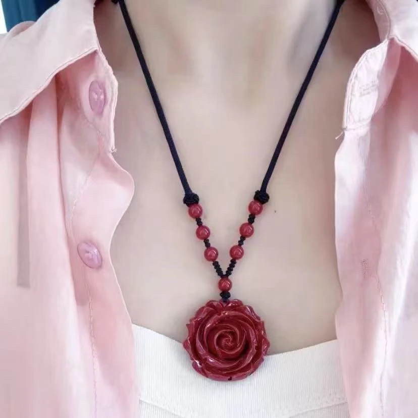 含辰砂工艺品紫金色双面雕玫瑰花毛衣链