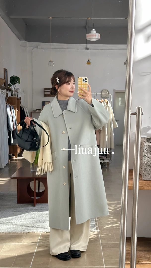 1.1《海拉尔》秋冬新款韩系高级感气质翻领湖蓝色中长款毛呢大衣