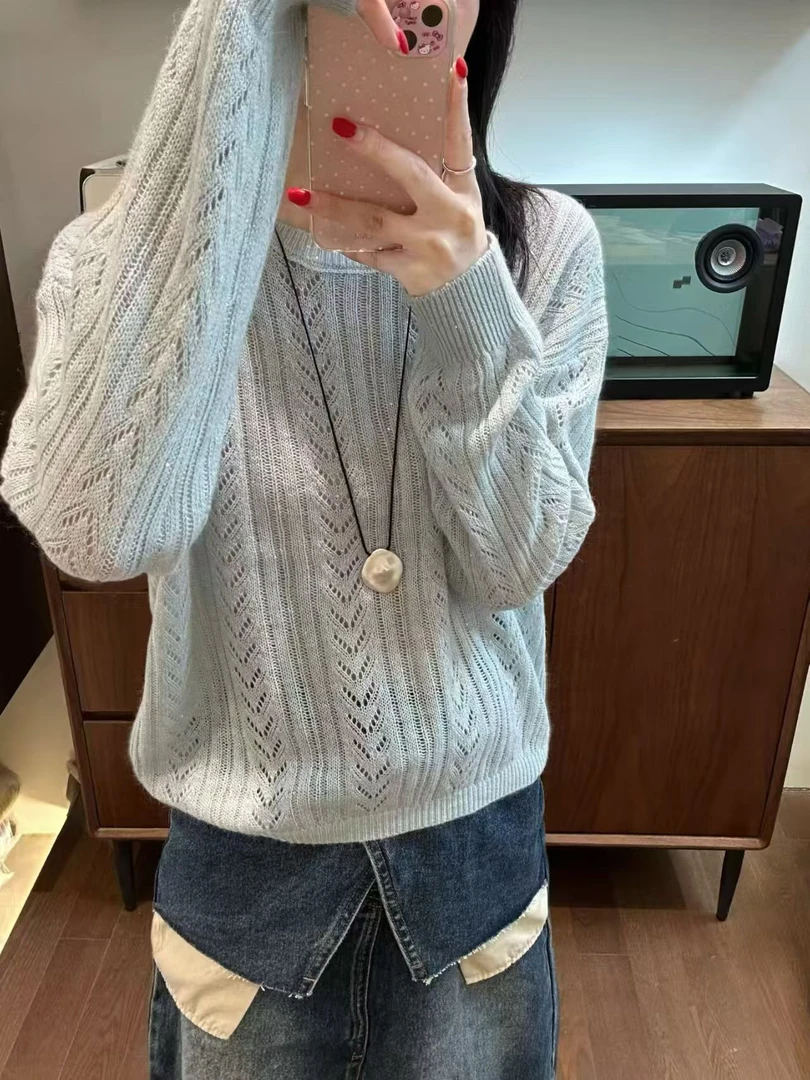 （玉姐家）薄款漏空宽松气质羊绒针织上衣f1673 J6214