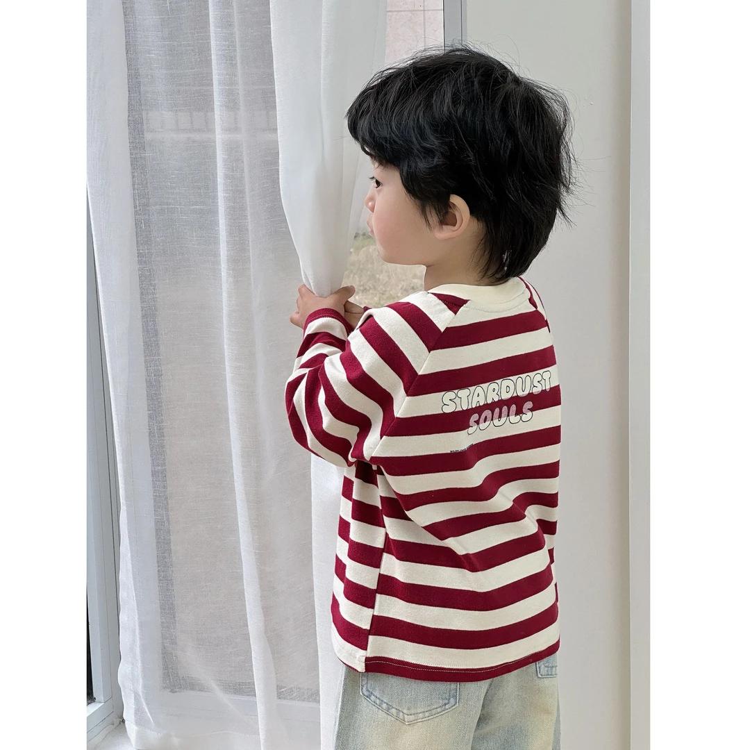 【棉烊安哥拉红条纹T恤】中小童春季新款简约休闲风儿童长袖上衣