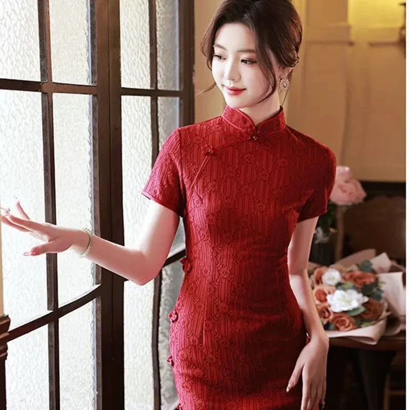 V-2387 浮光红 蕾丝复合 侧边花扣 夏款年轻款改良旗袍110cm长款