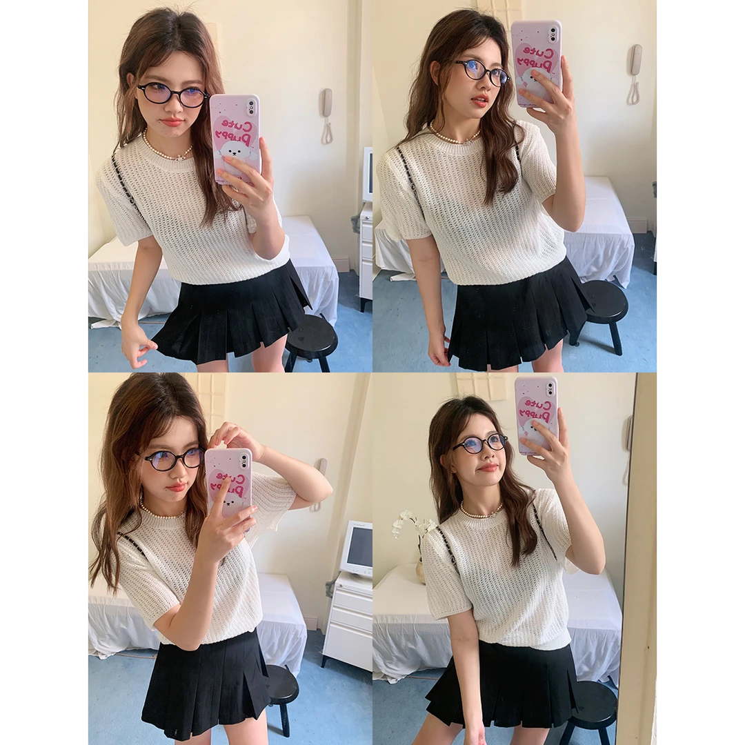 晶咕白标~冰麻横织菠萝纹针织短袖针织衫女夏季大码镂空上衣