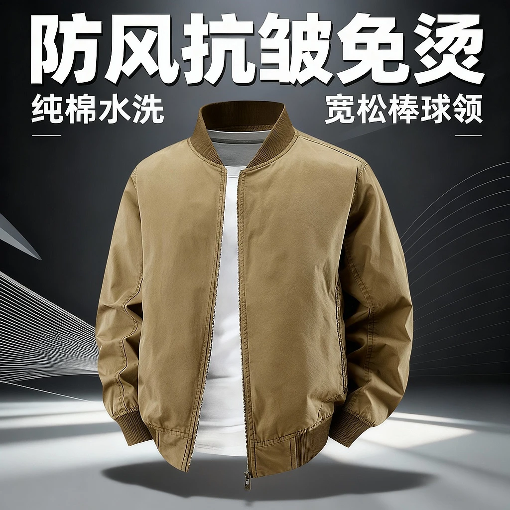 夹克男水洗纯棉美式休闲工装复古棒球服防风抗皱免烫高级感外套