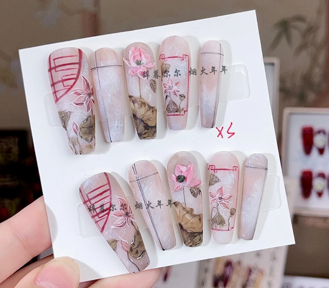 【墨雨荷园】重工雾面晕染荷花荷叶手绘纯手工穿戴甲