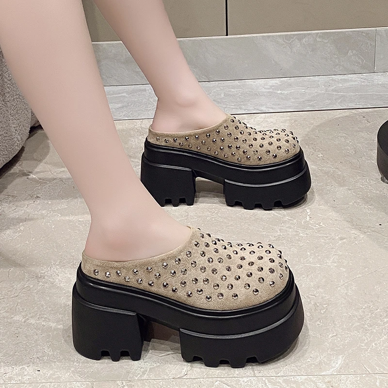 小个子增高10cm包头半拖鞋女夏外穿2025春新款铆钉时尚厚底凉拖鞋