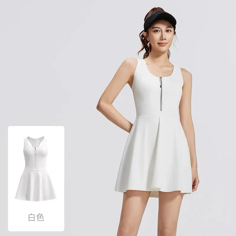 L01瑜伽服套装运动风连体衣短袖裙子带胸垫前拉链美背