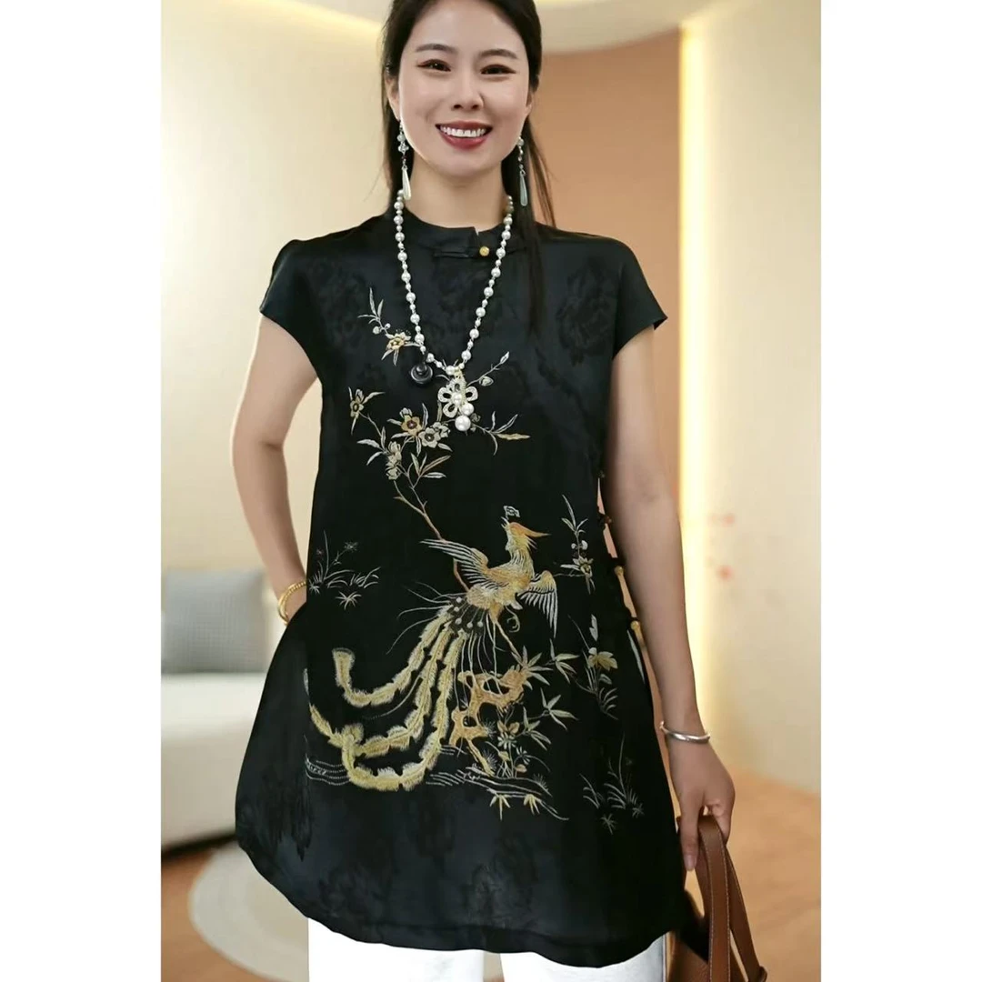 【凤妃】2025新款奥黛显瘦气质夏季复古黑色新中式优雅女装上衣