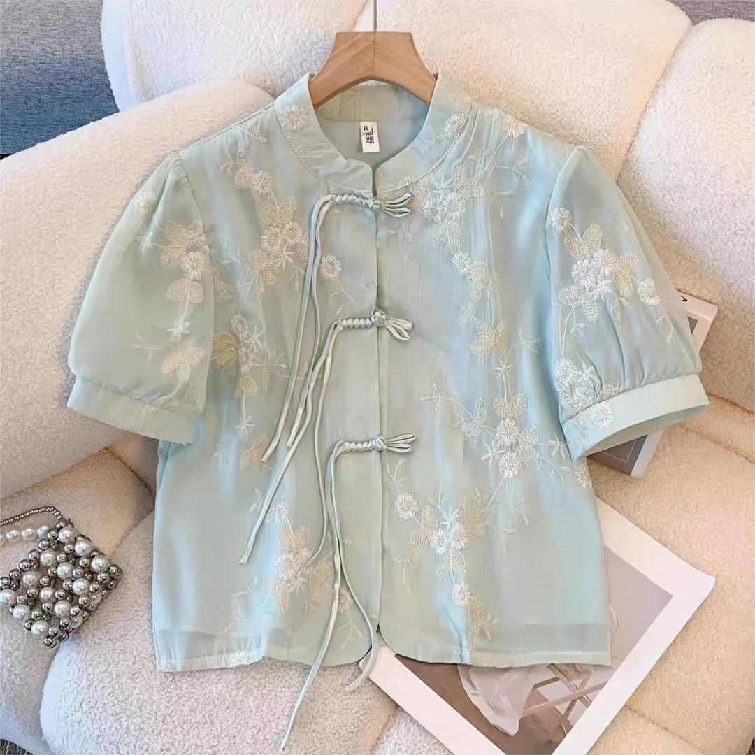 A14新中式重工提花短袖衬衫女夏季大码国风漂亮盘扣小衫