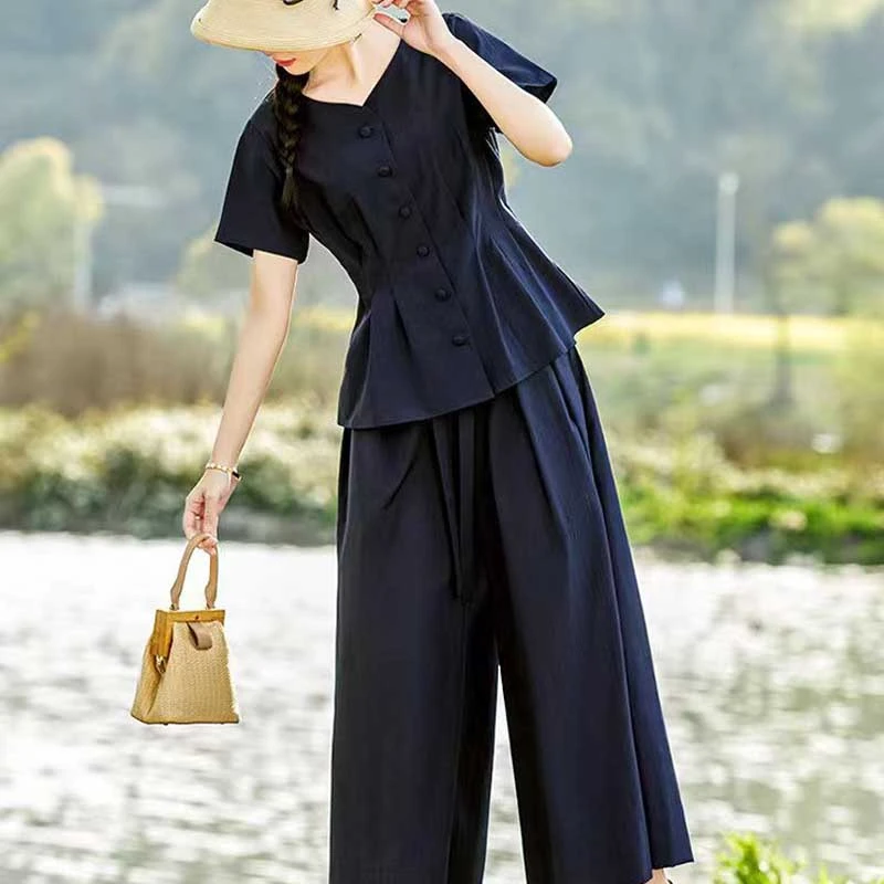 时尚套装女2025夏季新款气质宽松阔腿裤裙收腰两件套减龄洋气复古