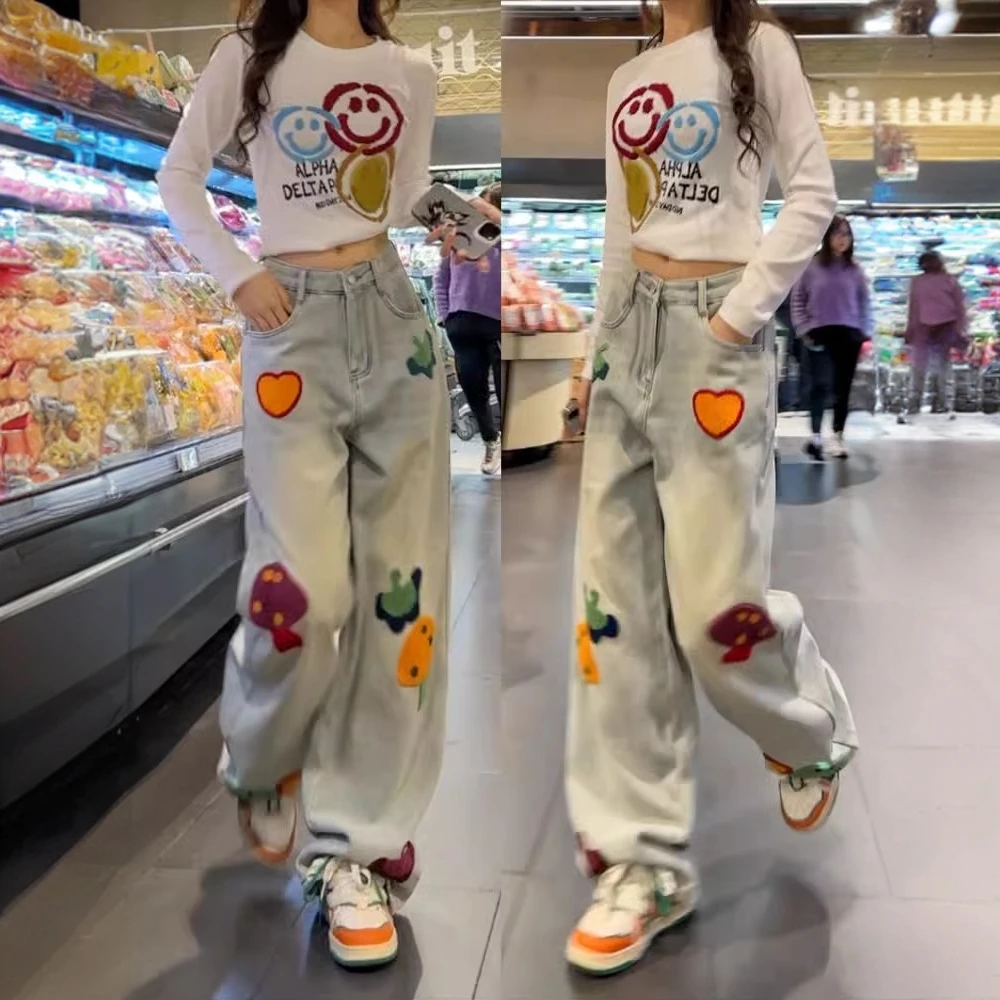 2025年春季新款刺绣阔腿牛仔裤女宽松显瘦拖地设计感百搭直筒裤子