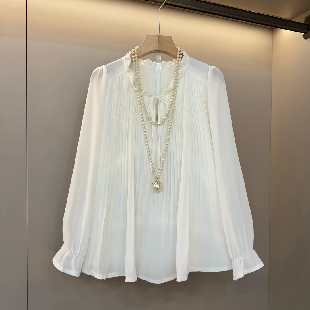 韩系宽松褶皱设计高级感领结装饰微胖大码女装遮肉显瘦百搭上衣