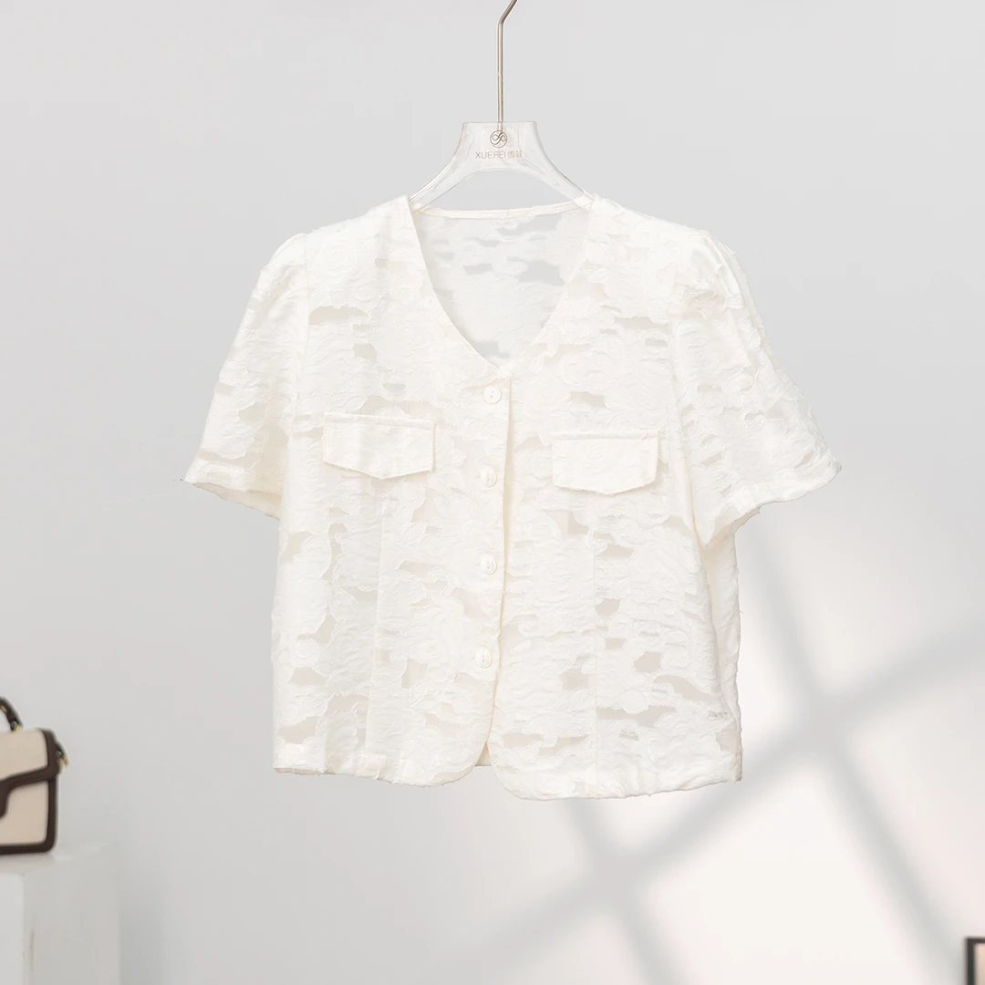 无印心匠A66958-1 常规直筒型上衣纯色绿色镂空衬衫短袖衬K170