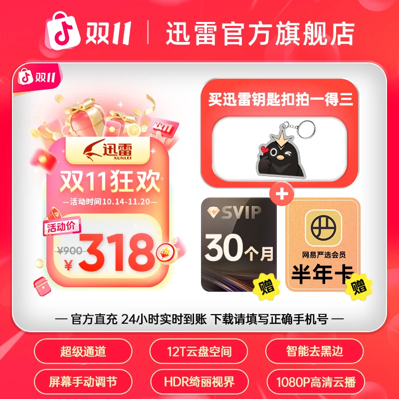 【双11狂欢】买迅雷钥匙扣送超会svip30月卡+网易严选半年卡。