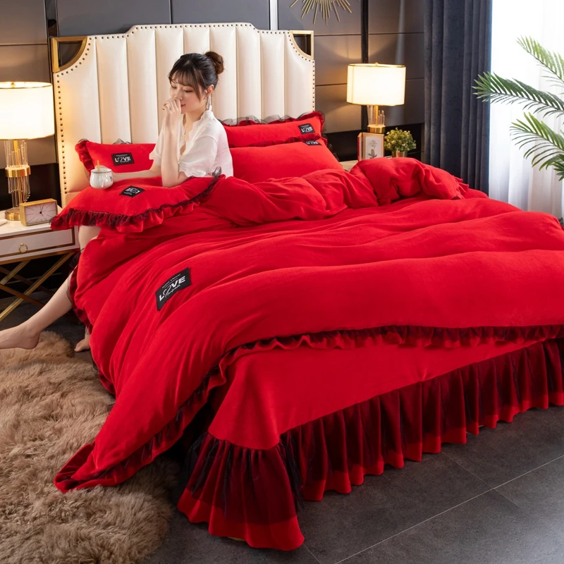 220x240加厚保暖牛奶绒四件套-LOVE婚庆大红结婚加绒绣花