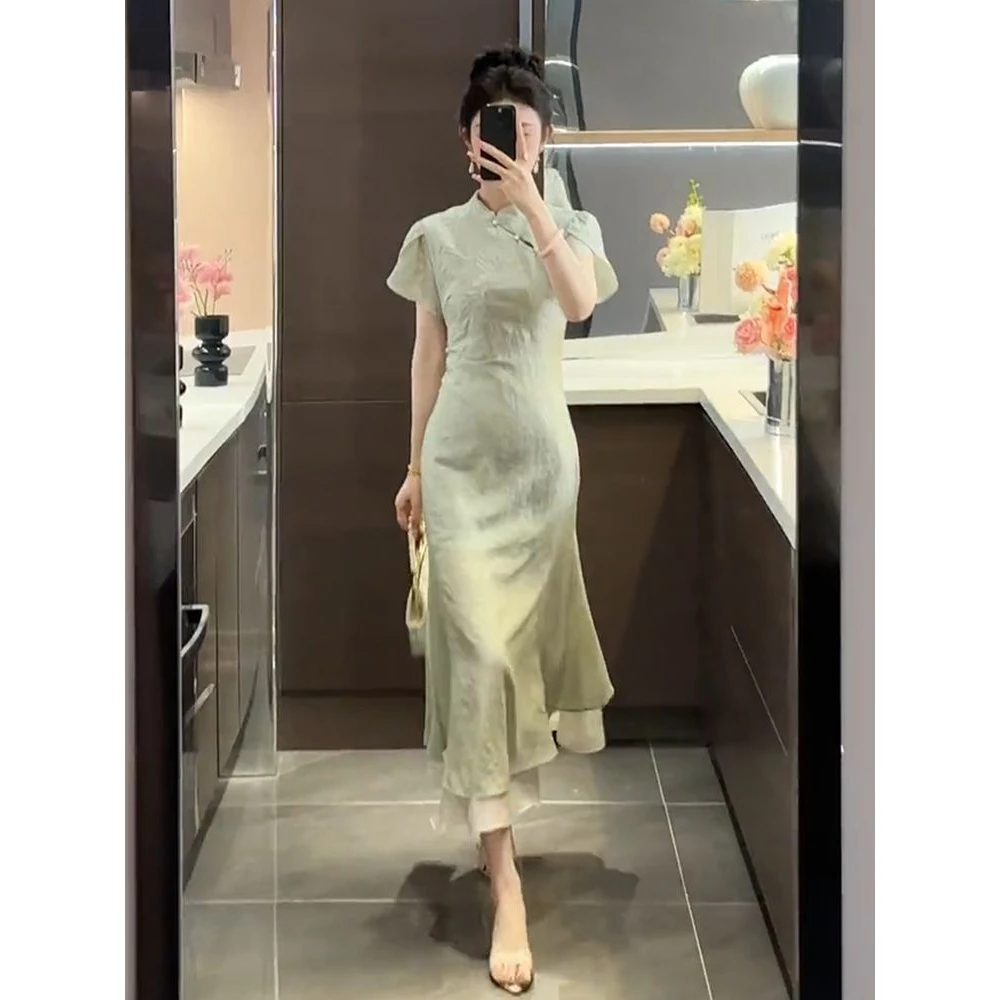 【步步生莲】复古新中式立领改良旗袍夏季长款连衣裙拼接修身长裙