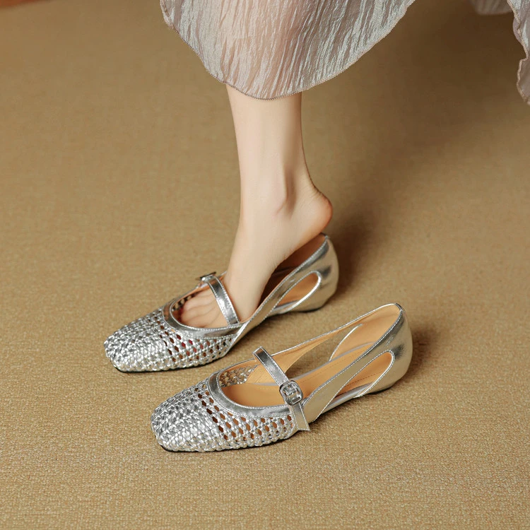 牛皮+编织2cm法式镂空单鞋女真皮洞洞鞋玛丽珍鞋方头低跟包头凉鞋