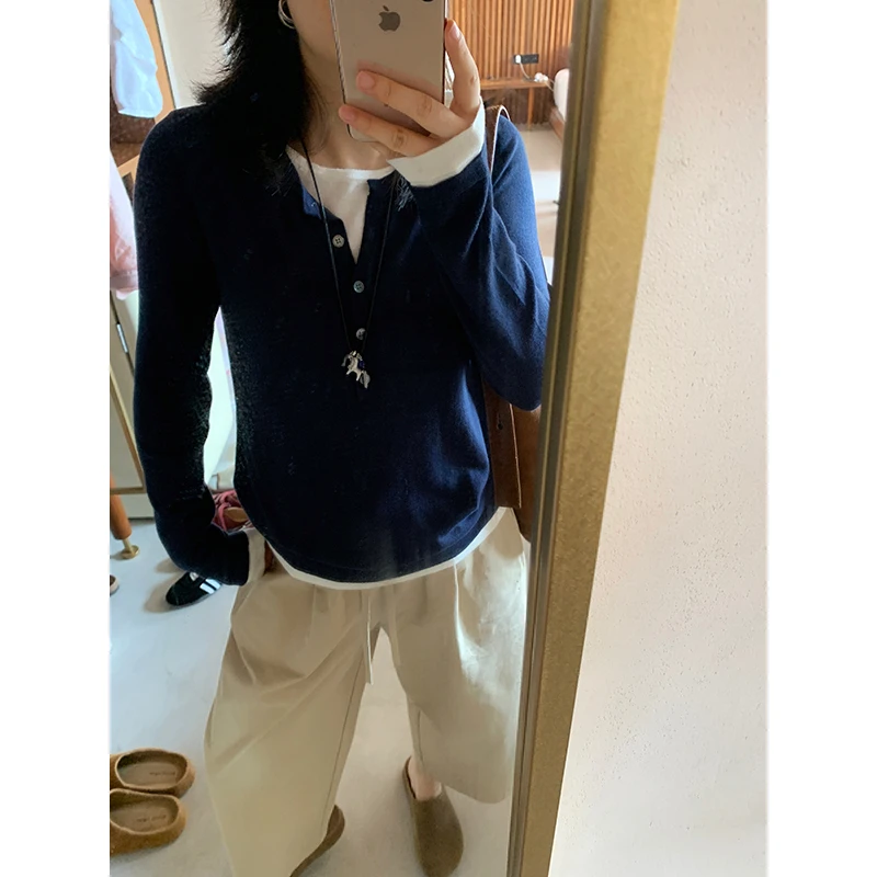 花总吖【柏林旧影】初秋新款假两件撞色羊毛羊绒打底衫R425X16167