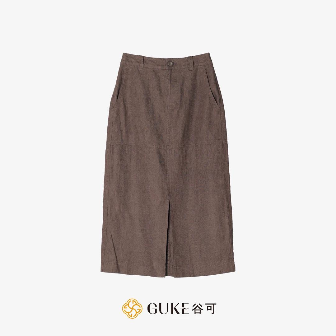 GKE/谷可Q5053亚麻直筒半身裙2025新款夏季高腰显瘦中长款A字半裙