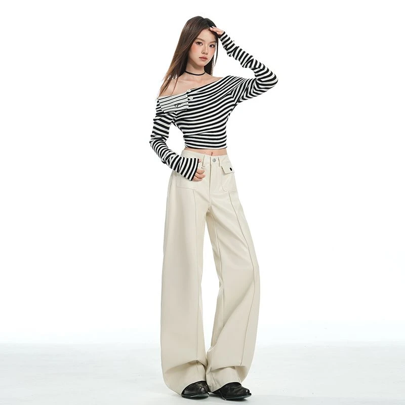 REDR美式米杏色口袋设计皮裤女2025秋冬新款高腰宽松直筒休闲裤子