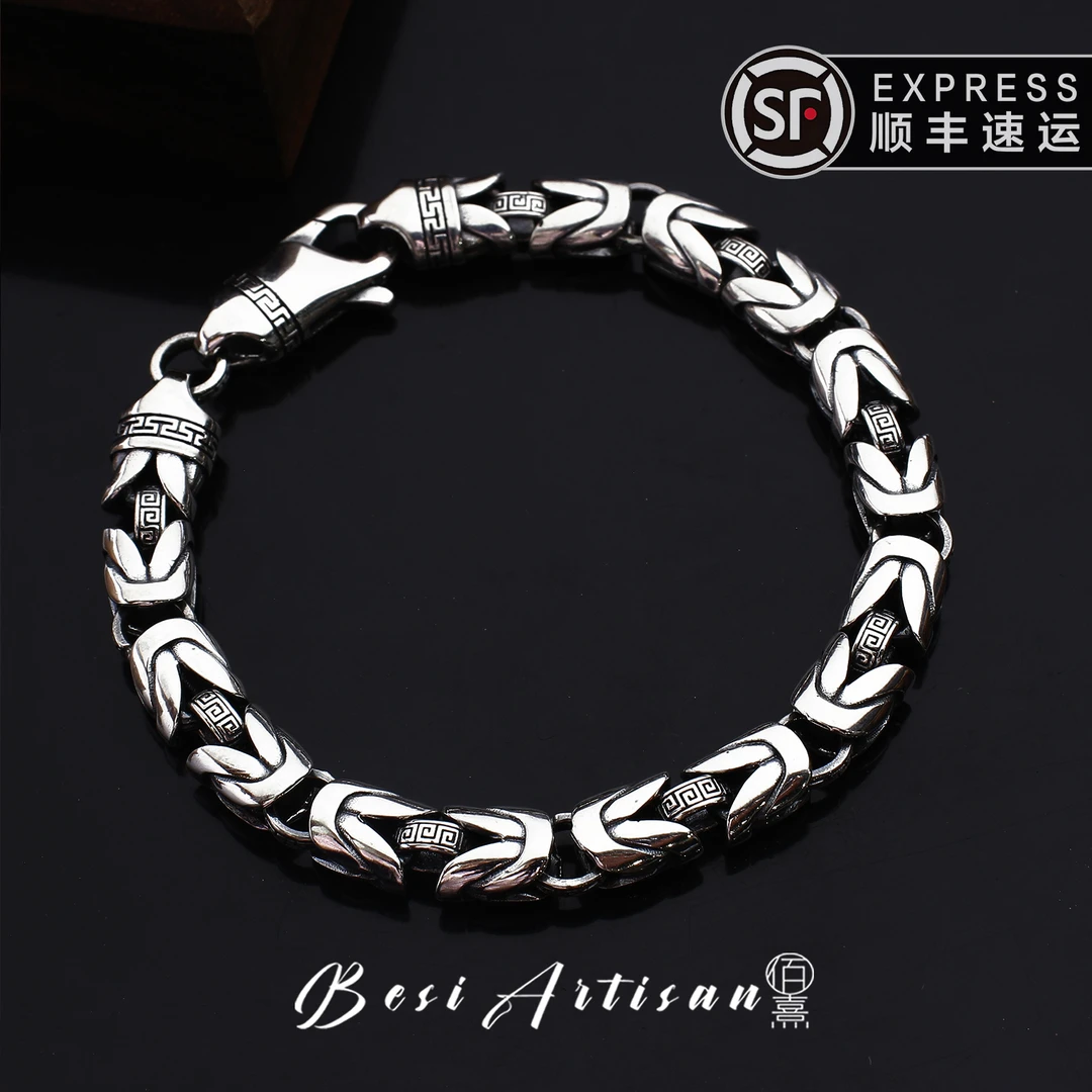 925银手链 帝王平安回纹男士本命年手链简约实心时尚百搭潮流手环