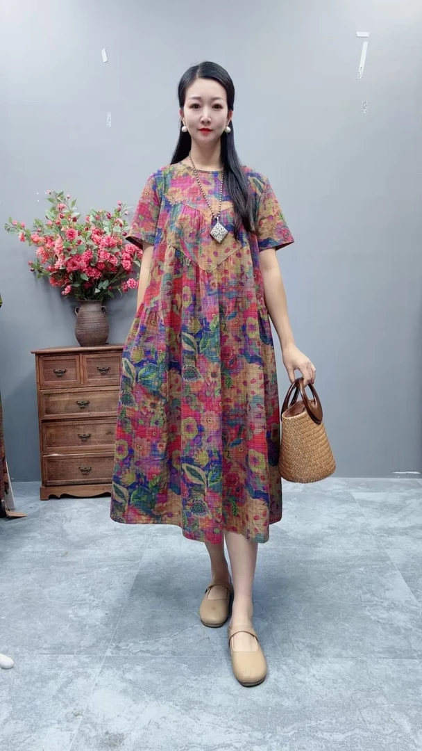 5345夏季新款清凉气质时尚复古遮肚宽松女显瘦百搭圆领休闲连衣裙