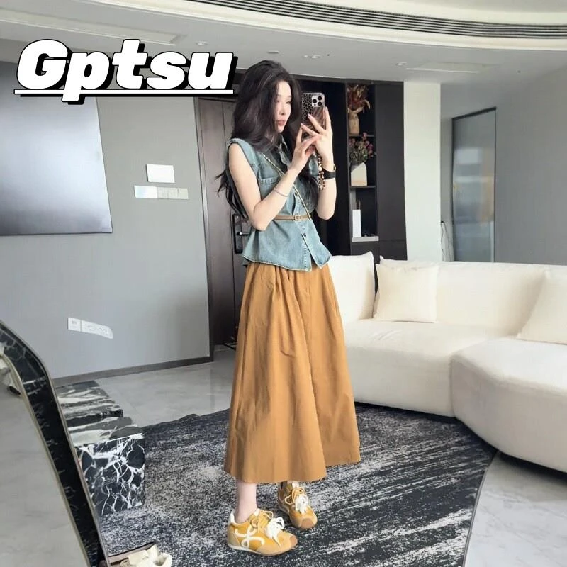 GPTSu夏季复古港风牛仔马甲收腰上衣女装搭高腰显瘦半身裙两件套