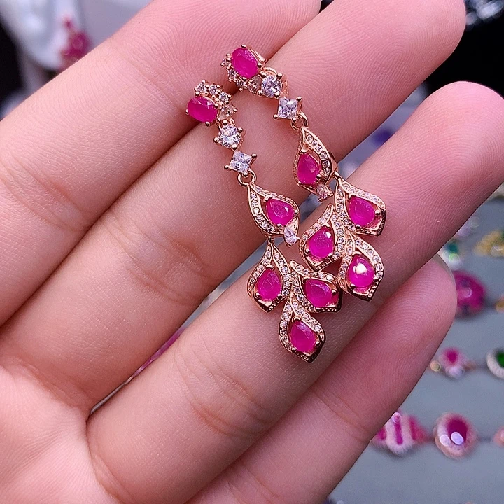 红宝石耳饰银S925镶嵌
