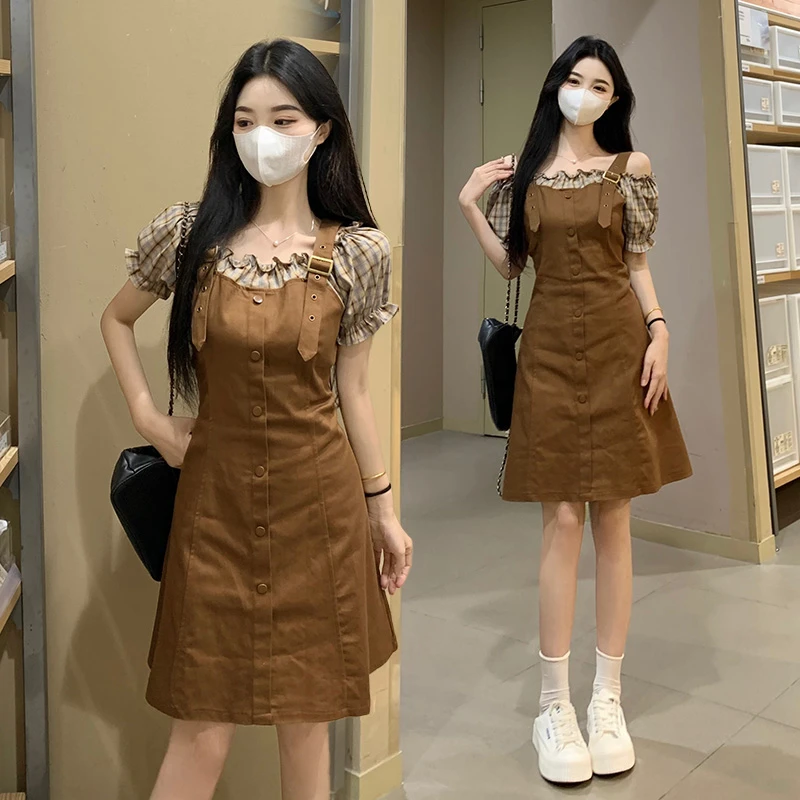 【朵拉】大码女装夏季新款法式茶歇森系小众假两件设计辣妹连衣裙女