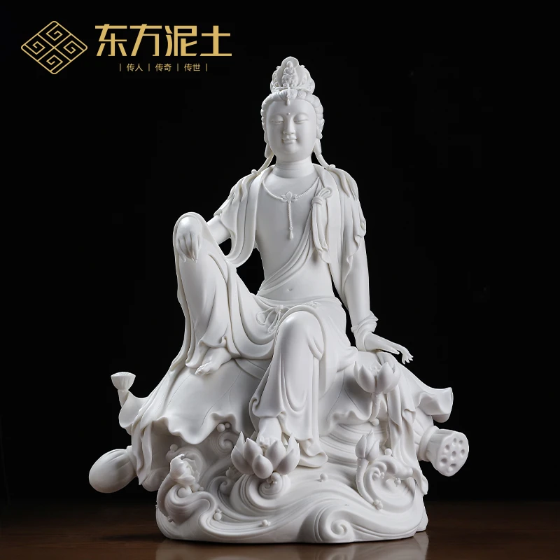 东方泥土陶瓷工艺品水莲自在观音佛像家居客厅南海观世音菩萨摆件