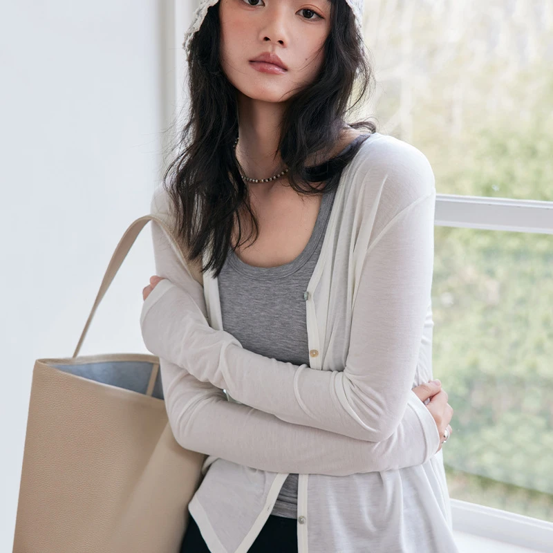 莱赛尔天丝醋酸开衫女春夏新款绵羊毛外套薄款纽扣长袖上衣