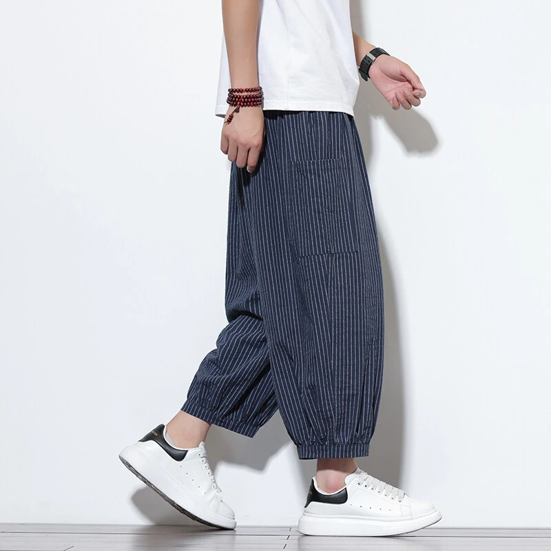 七分裤男复古细条纹棉麻运动哈伦裤中国风男装夏天凉感阔腿休闲裤