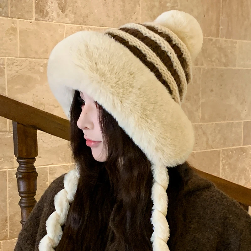 韩版条纹毛绒针织帽子可爱冬季加绒保暖护耳帽户外骑行登山滑雪帽