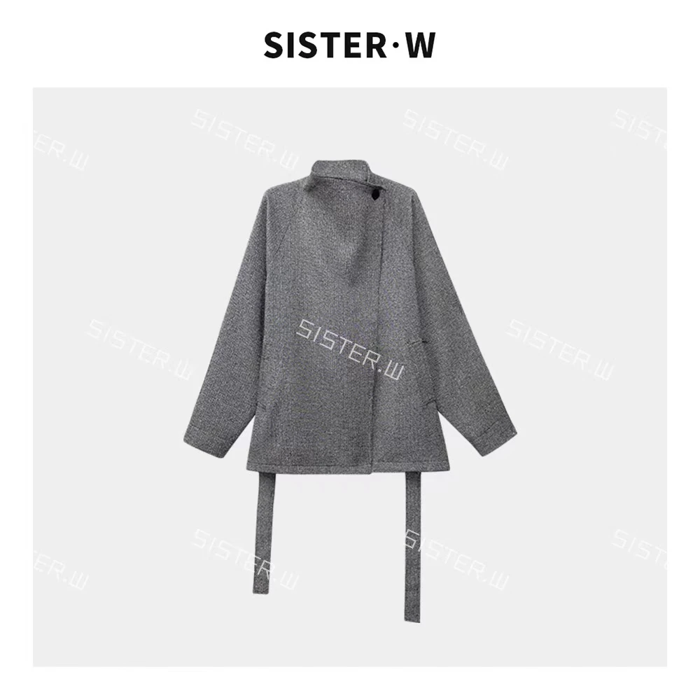 【no退no换】韩版一粒扣宽松毛呢外套系带收腰时尚大衣V 6879