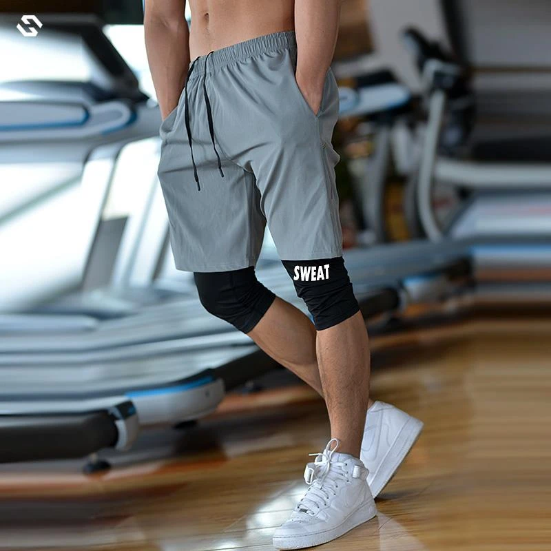 嗨豹森士健身短裤假两件跑步宽松速干运动短裤男士专业训练五分裤