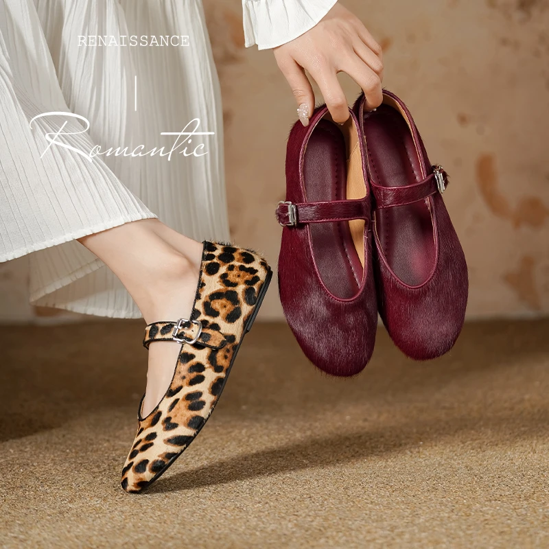 春季单鞋女真皮马毛软底复古平底浅口圆头舒适时尚低跟妈妈鞋百搭