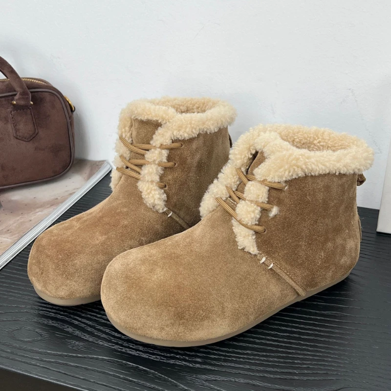 复古文艺风绑带保暖雪地靴女2025冬季新款时尚洋气一脚蹬棉靴