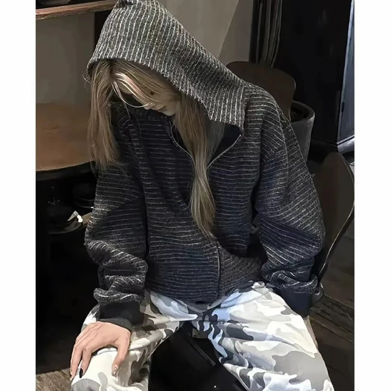 美式复古条纹连帽卫衣男女2025秋冬情侣设计感小众宽松开衫外套