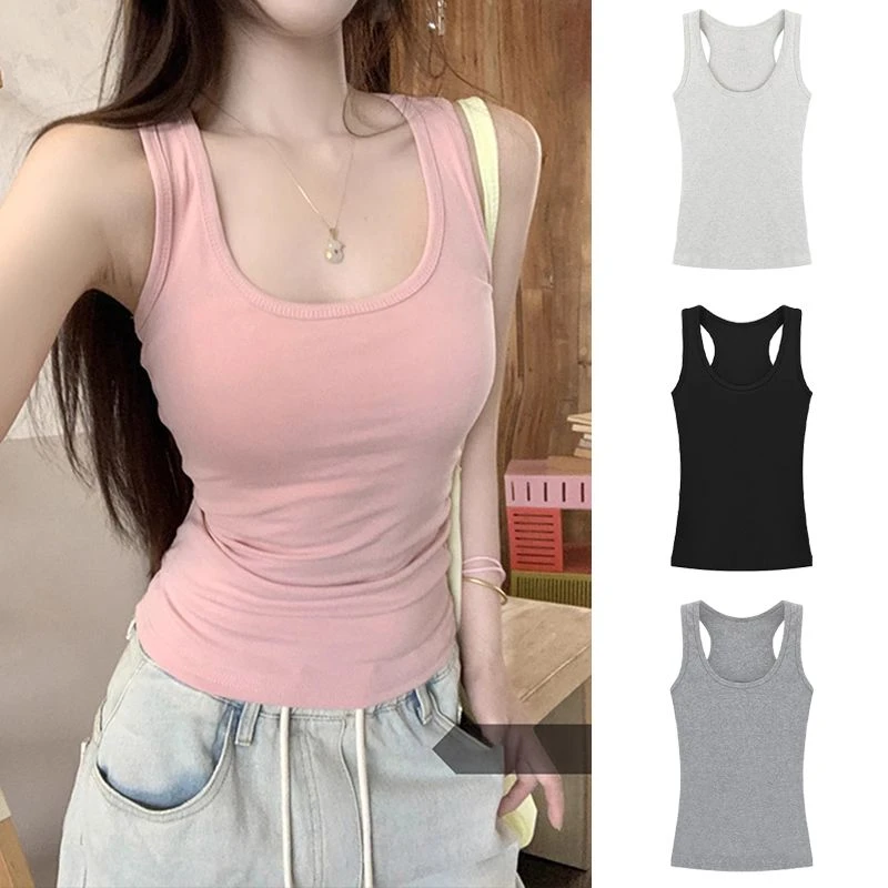 【运补】辣妹工字背心T恤女夏季纯色百搭紧身显瘦性感无袖U型领上衣