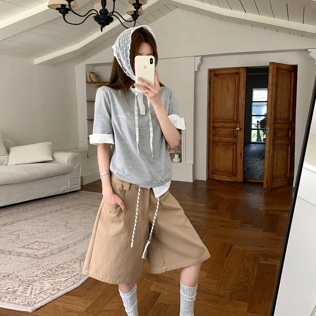 AndAnything设计师品牌 立领抽绳拼接假两件针织上衣 BYA37051