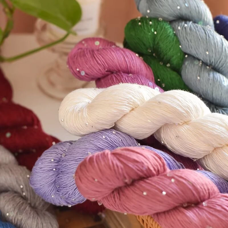 夏季桑蚕丝天丝炫彩珠片亮片线配线真丝毛线钩diy手工编织中粗线