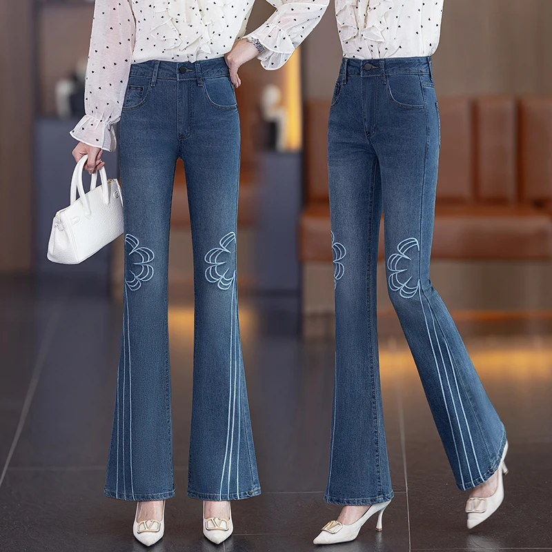 新中式国风绣花牛仔裤春秋高腰弹力修身微喇叭裤休闲时尚显瘦长腿
