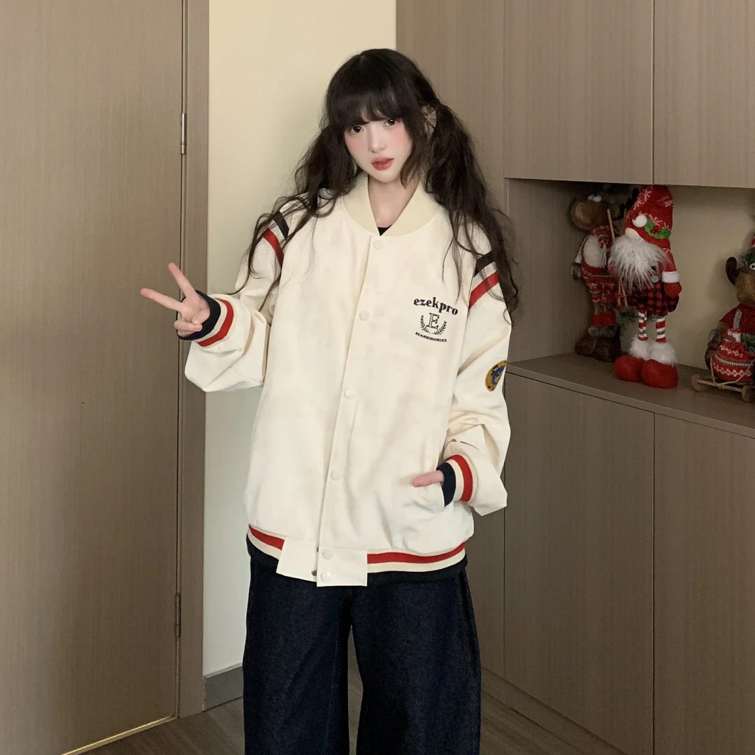 EZEK美式复古字母刺绣棒球服外套女早春新款宽松百搭休闲夹克上衣